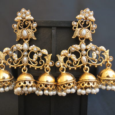 Artificial Jewellery Fine Pearl Studded Moghulai Style Chandlier Earrings