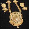 Imitation golden artificial long Haram white kundan necklace set.