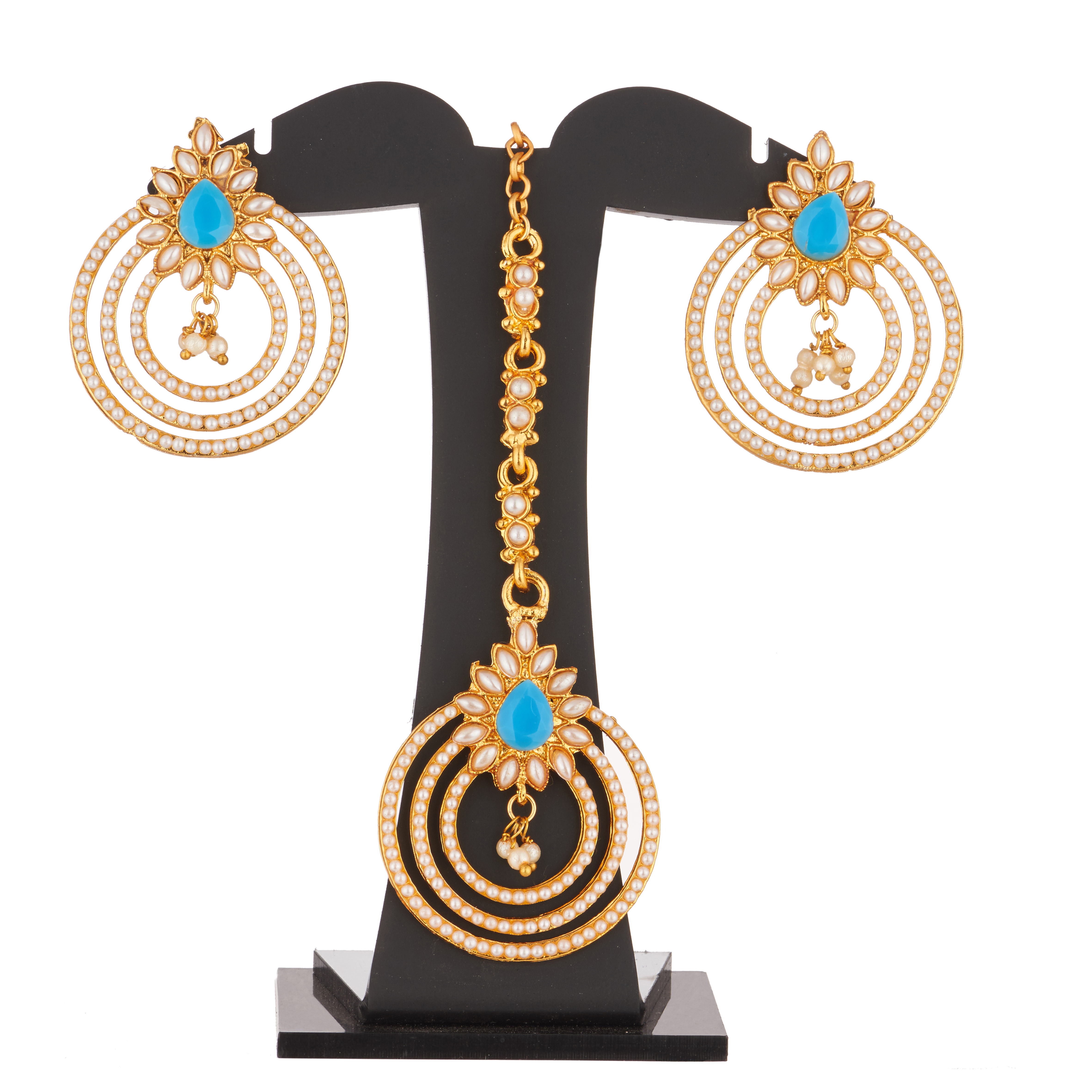 Imitation torquise blue imitation earrings and maang tikaa combo set