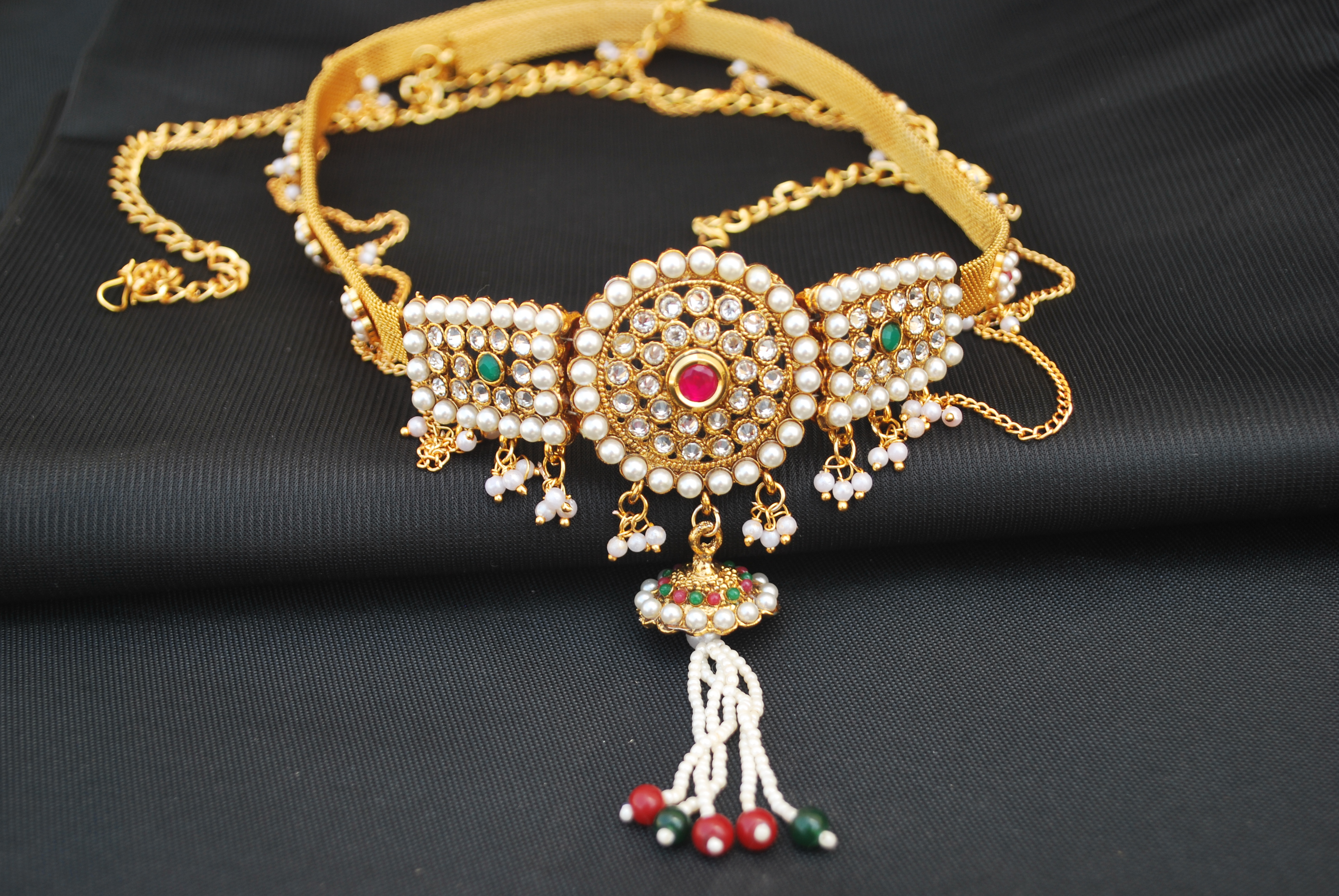 artificial imitation jewellery multicolour stone and pearls embellished kamarpatta