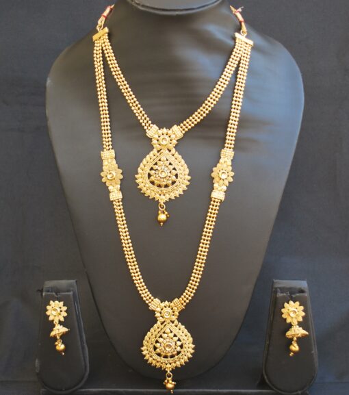 artificial traditional gold beaded chain 2 layer gold necklace set-1