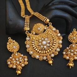 Imitation artificial studded white stone golden long necklace set-1
