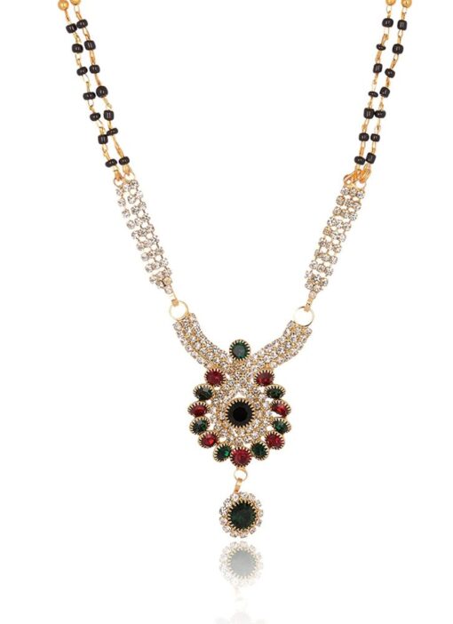 artificial indian traditional mangalsutra in round motif with red, green and white stones for women