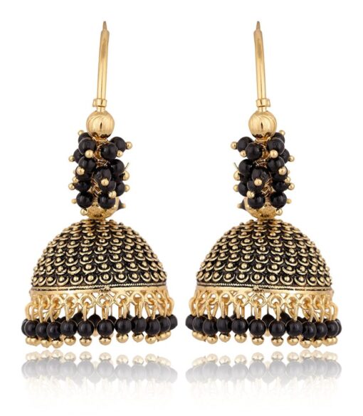 artificial traditional clustered black bead base metal bali earrings for women