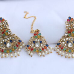 Artificial Blue, Pink, Aqua green, Yellow, White stones earrings with maang tikka
