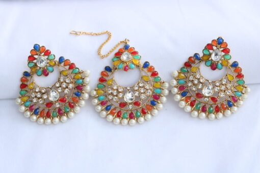 Earrings with maang tikka in multicolour - aqua green, blue, yellow, pink, white stones