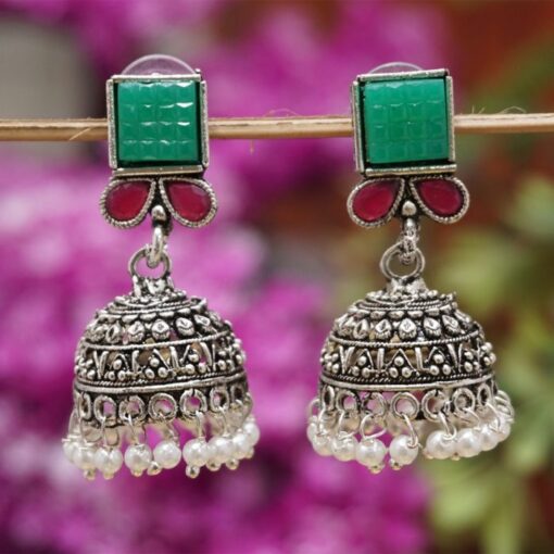 German silver maroon and green with white pearls oxidized earrings