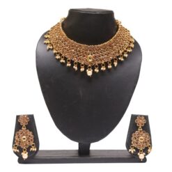 artiicial Gold tone stone studded wedding necklace set