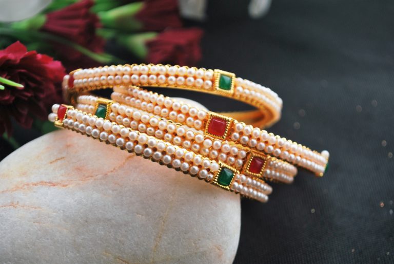 Green and maroon stone studded 4 pearl bangles