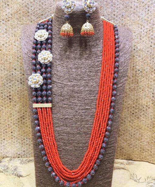 onxy beads, beaded necklaces, multilayer necklace set, red colour necklace set, layered necklace set, long necklace set, necklace with earrings